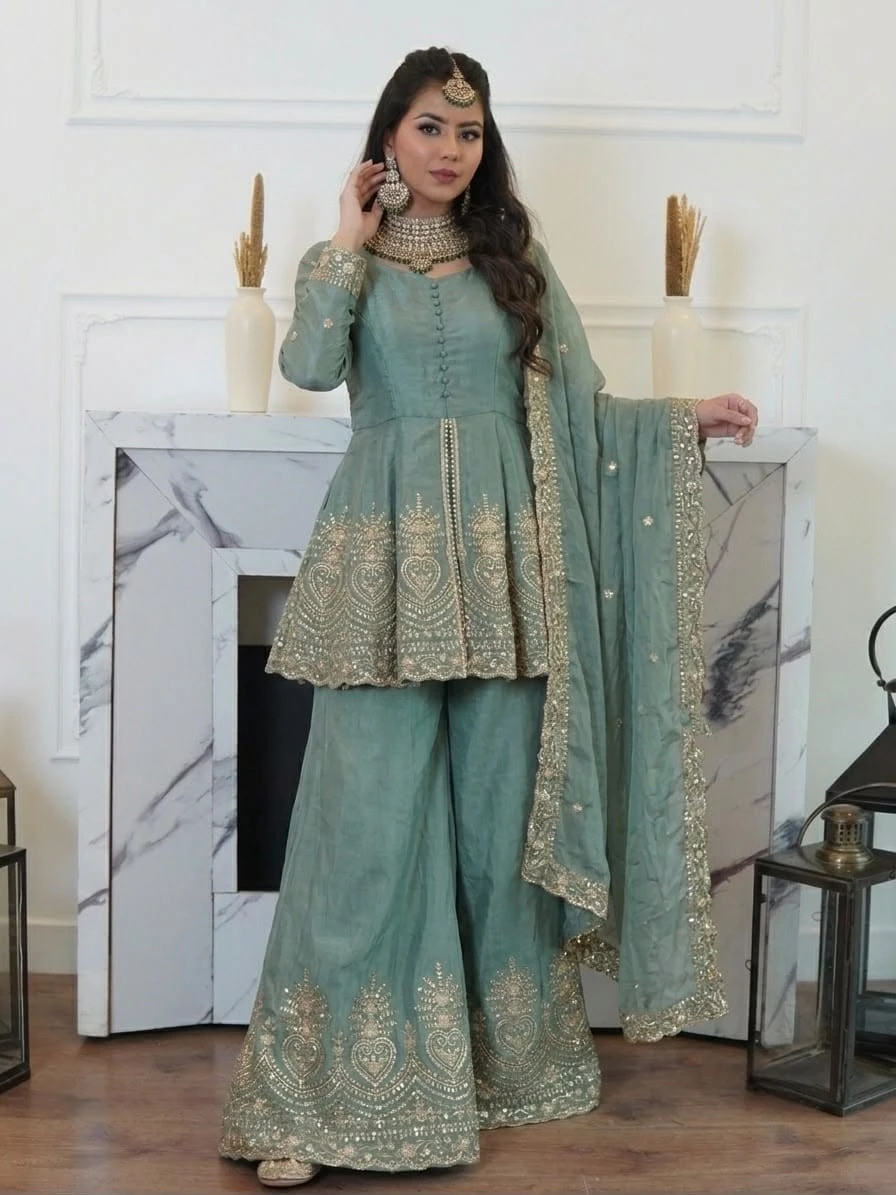 Green Fendy Silk Real Mirror Embroidery Sequence Work Salwar Set